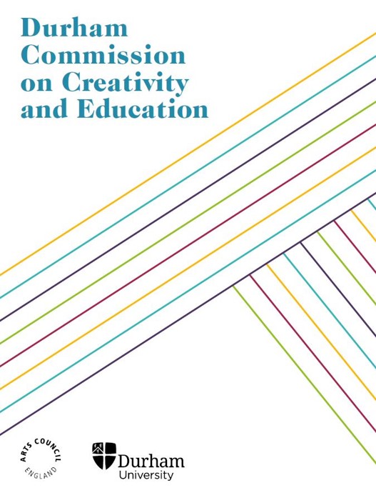 Cover of a report, the title is in blue text and reads Durham Commission on Creativity and Education. There are stripes patterns and logos for the Arts Council England and Durham University